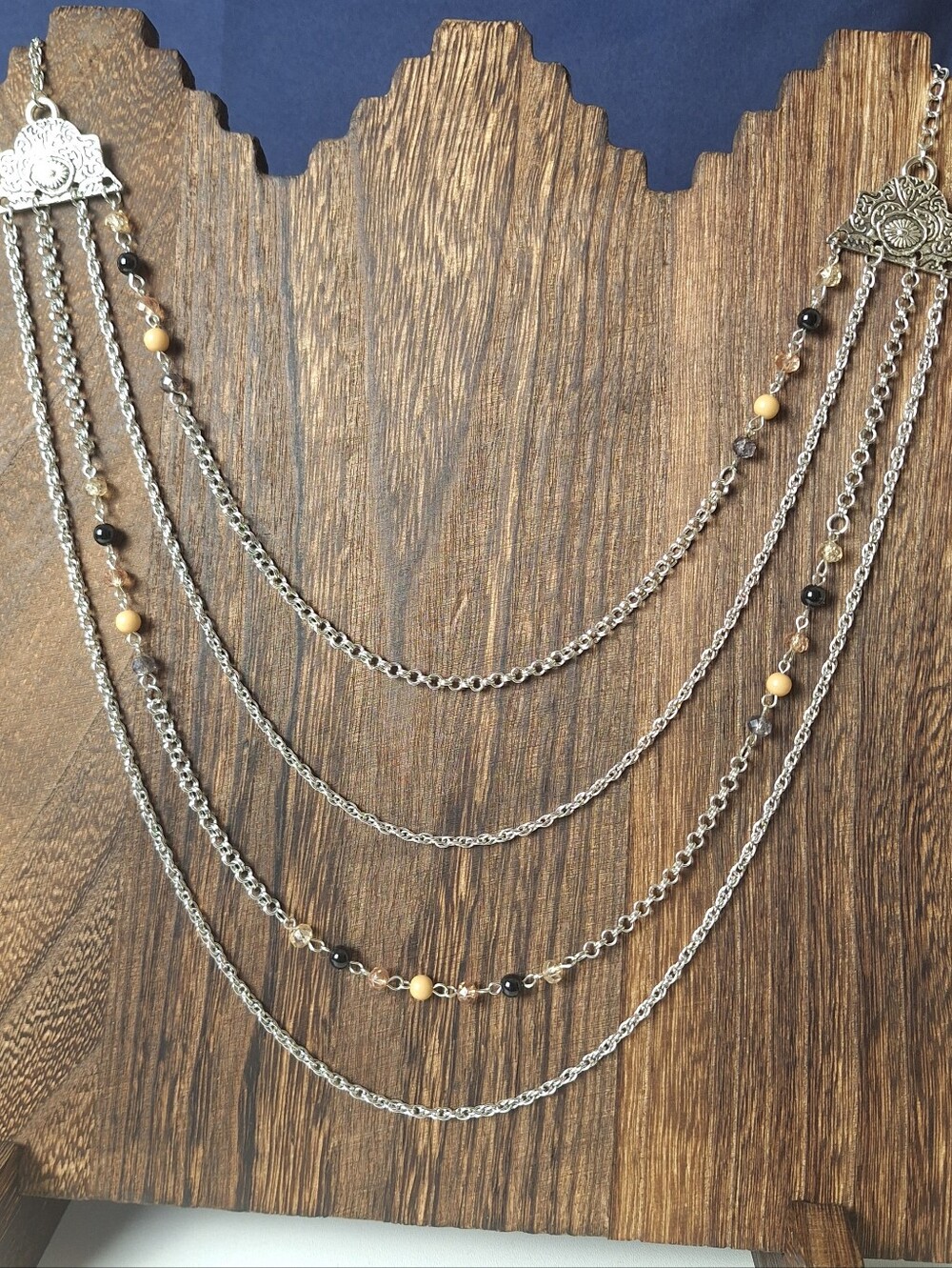 4 Strand Layered Beaded Chain Necklace 38" Long Adjustable Silvertone